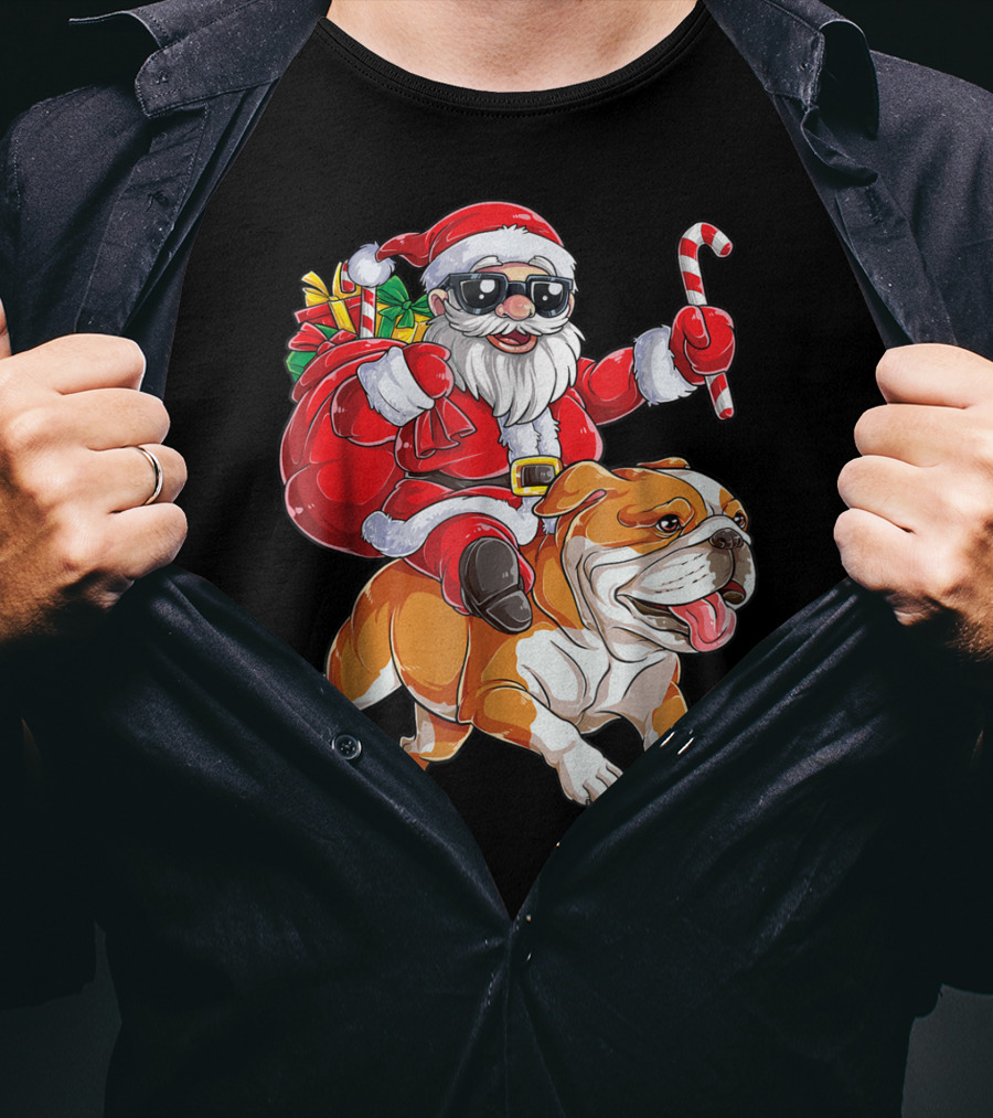 English Bulldog Santa Claus Riding With Candy Cane And Gifts Christmas Woofmas T-Shirt