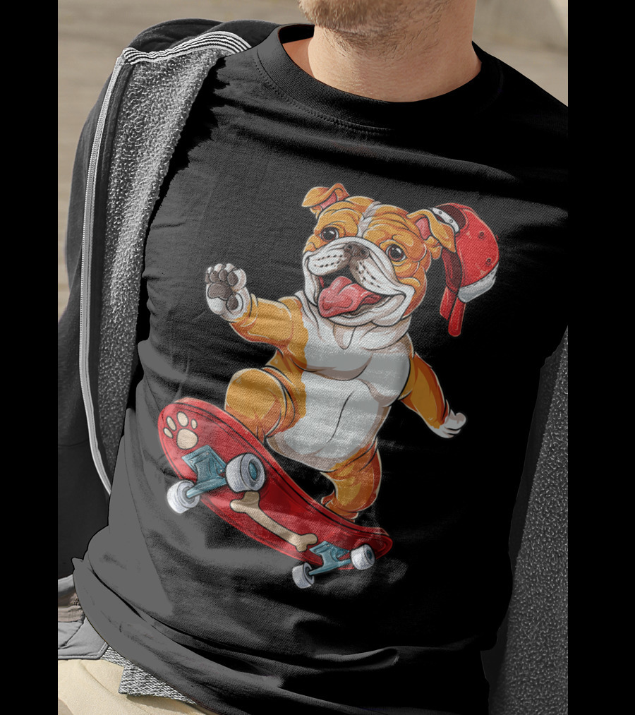English Bulldog With Red Cap Skating On Bone Deck Skateboard T-Shirt