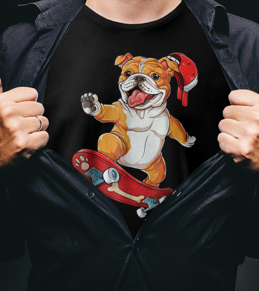 English Bulldog With Red Cap Skating On Bone Deck Skateboard T-Shirt