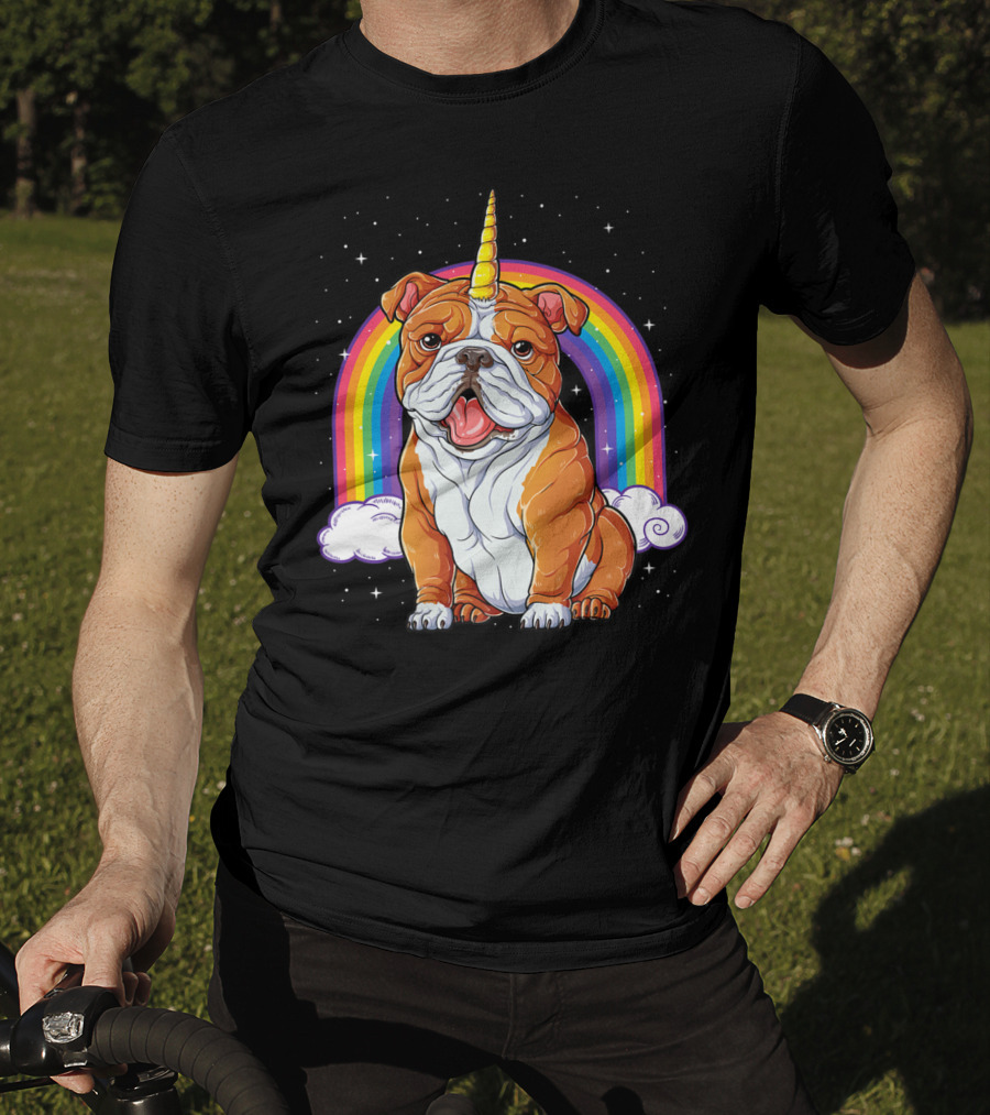 English Bulldog Unicorn Rainbow Space Galaxy T-Shirt