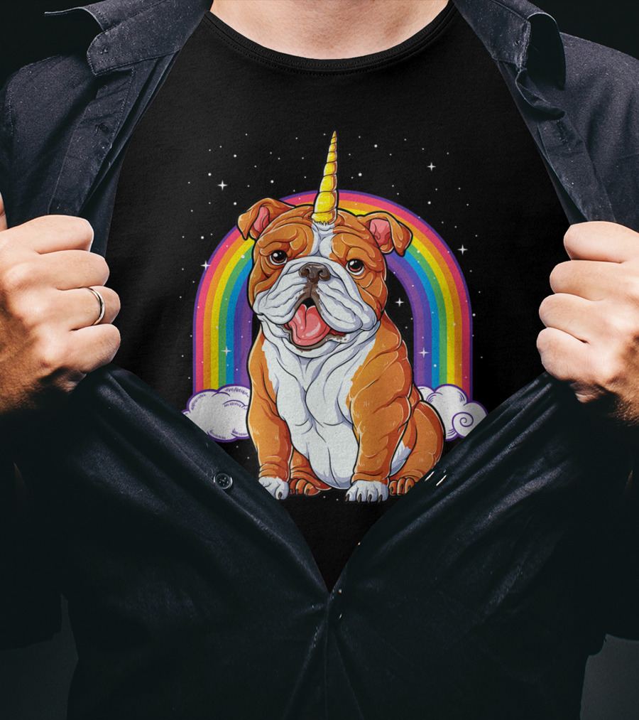 English Bulldog Unicorn Rainbow Space Galaxy T-Shirt