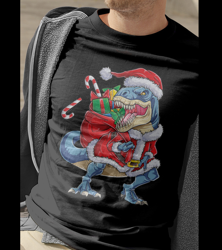 Dinosaur Christmas Boys Santa Rex With Candy Canes And Gifts T-Shirt