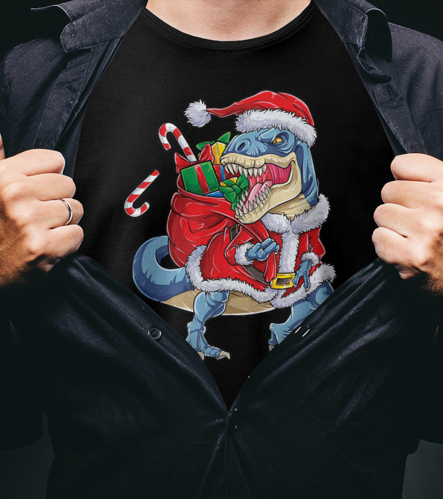 Dinosaur Christmas Boys Santa Rex With Candy Canes And Gifts T-Shirt