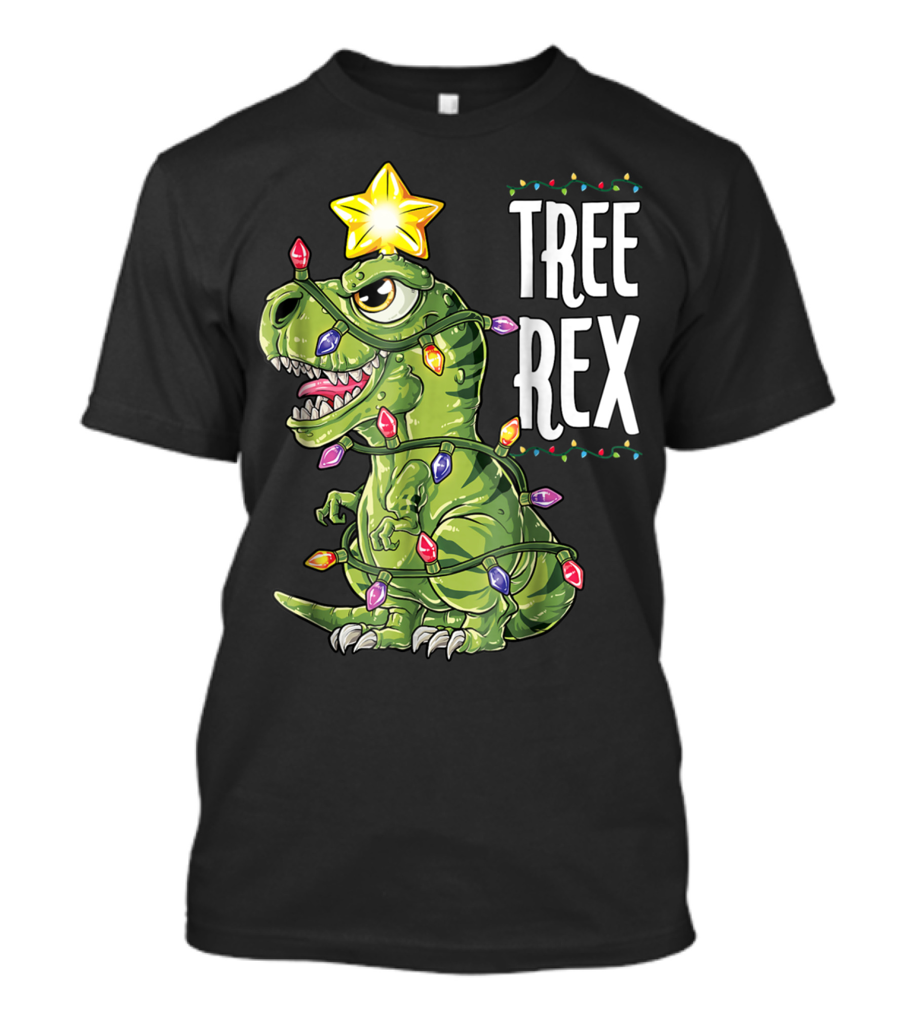 Tree Rex Dinosaur Wrapped In Christmas Lights With Star T-Shirt