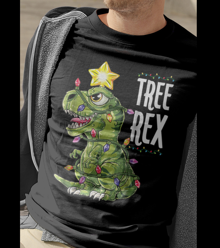 Tree Rex Dinosaur Wrapped In Christmas Lights With Star T-Shirt