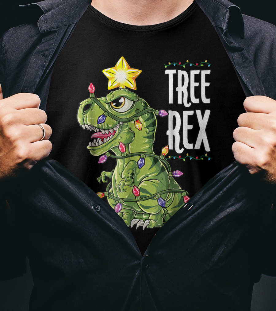 Tree Rex Dinosaur Wrapped In Christmas Lights With Star T-Shirt