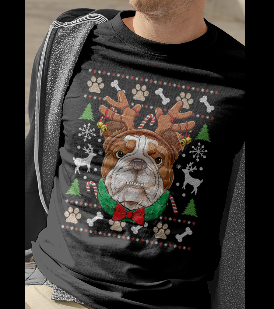 English Bulldog Reindeer Antlers Christmas Ugly T-Shirt