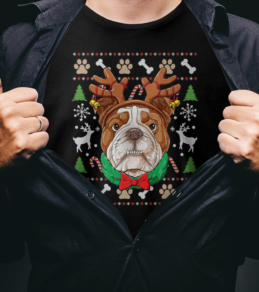 English Bulldog Reindeer Antlers Christmas Ugly T-Shirt