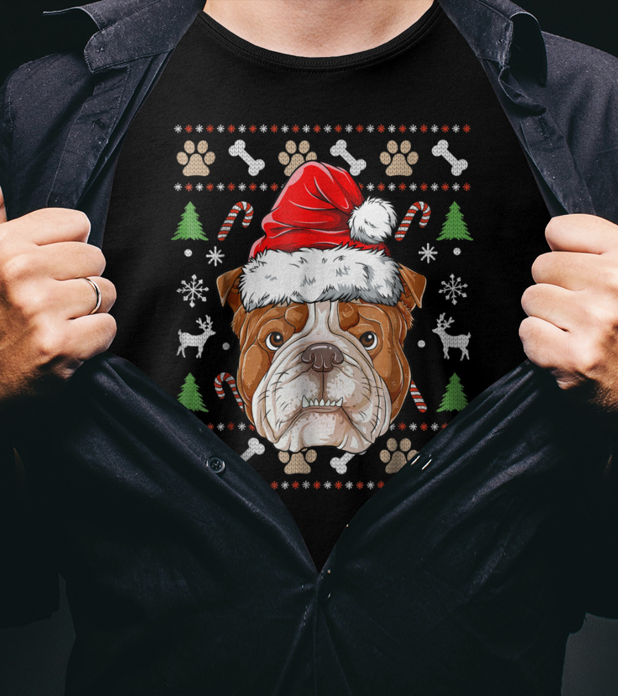 English Bulldog Santa Hat Ugly Christmas Sweater Paws Reindeer Bones Candy Canes T-Shirt