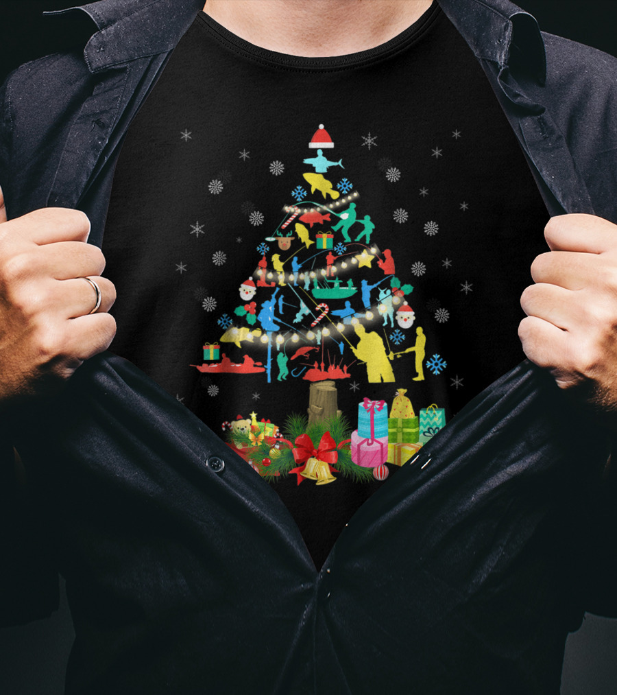 Fishing Christmas Pine Tree Santa Holiday Gift Presentation T-Shirt