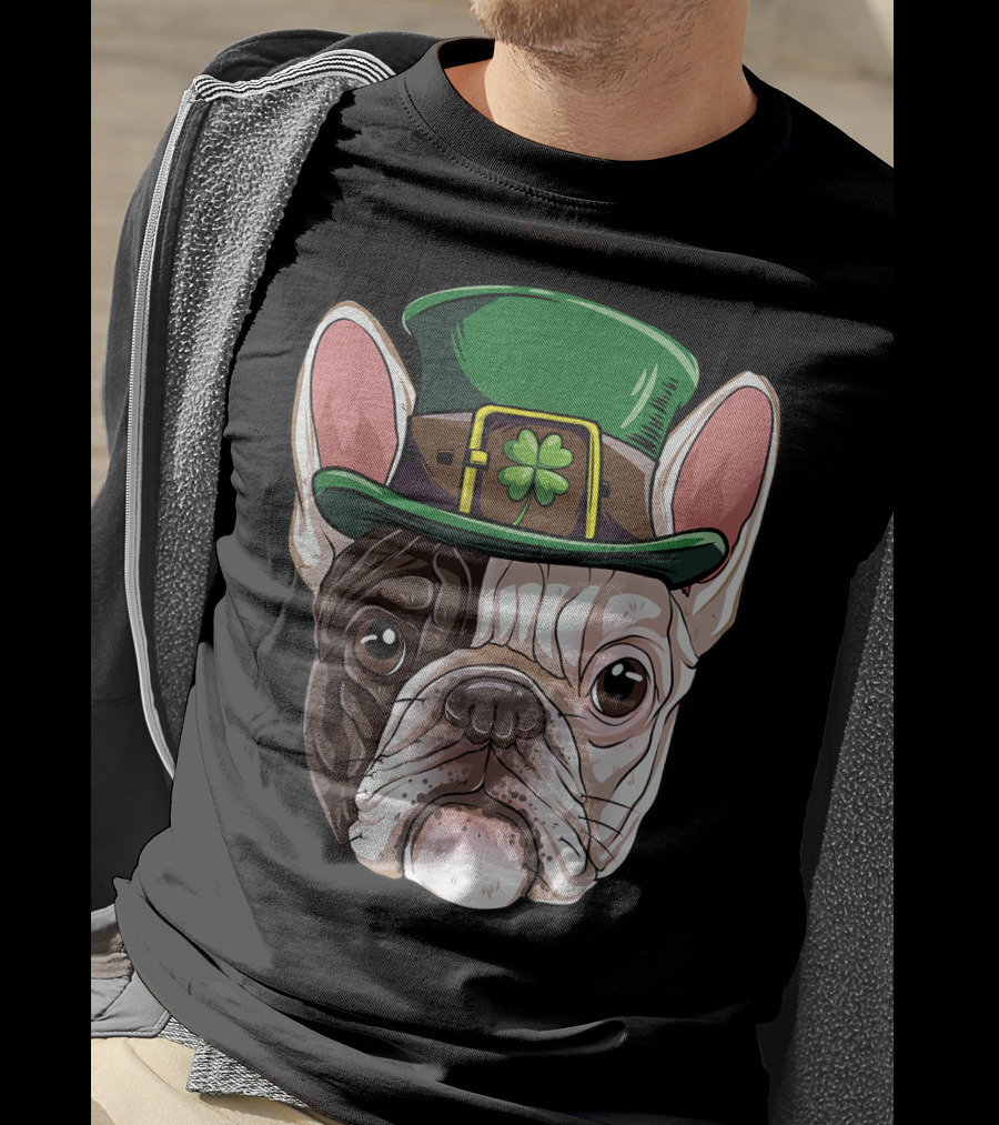 French Bulldog Leprechaun St Patricks Day Dog Wearing Green Hat With Shamrock T-Shirt