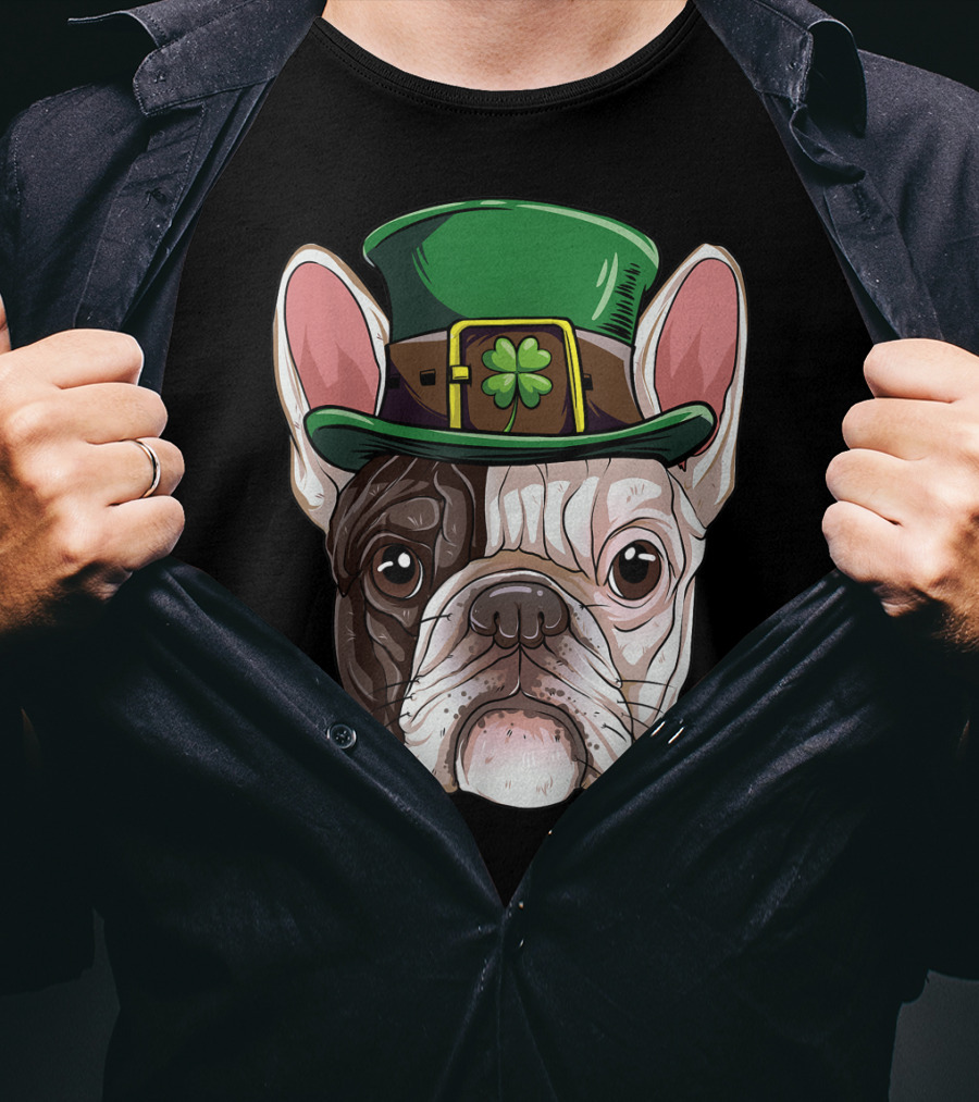 French Bulldog Leprechaun St Patricks Day Dog Wearing Green Hat With Shamrock T-Shirt