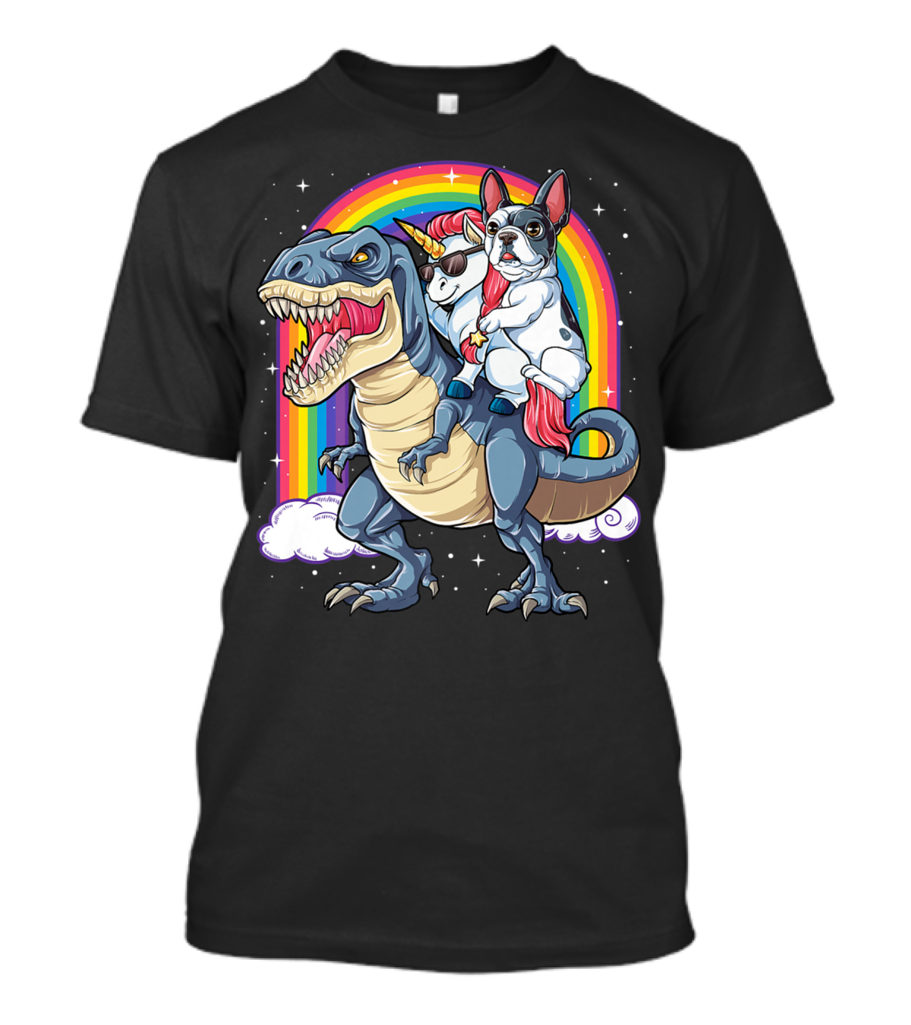 French Bulldog Unicorn Riding Dinosaur Rex With Rainbow Stars T-Shirt