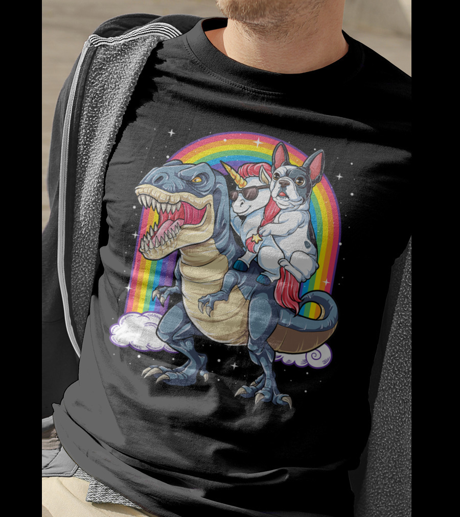 French Bulldog Unicorn Riding Dinosaur Rex With Rainbow Stars T-Shirt