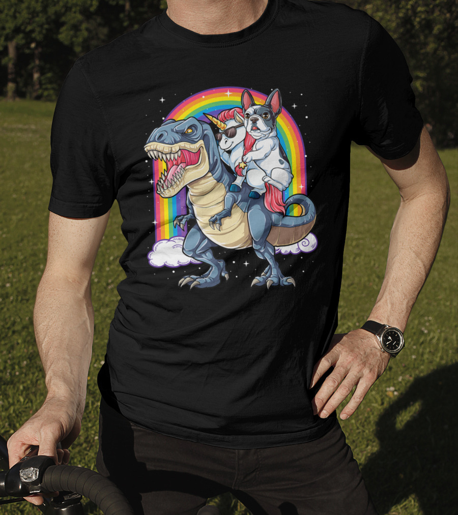 French Bulldog Unicorn Riding Dinosaur Rex With Rainbow Stars T-Shirt