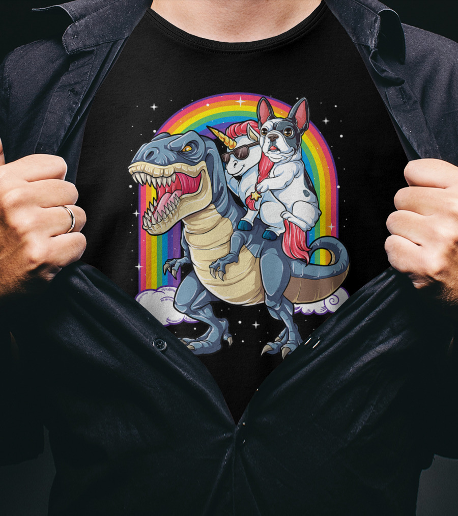 French Bulldog Unicorn Riding Dinosaur Rex With Rainbow Stars T-Shirt