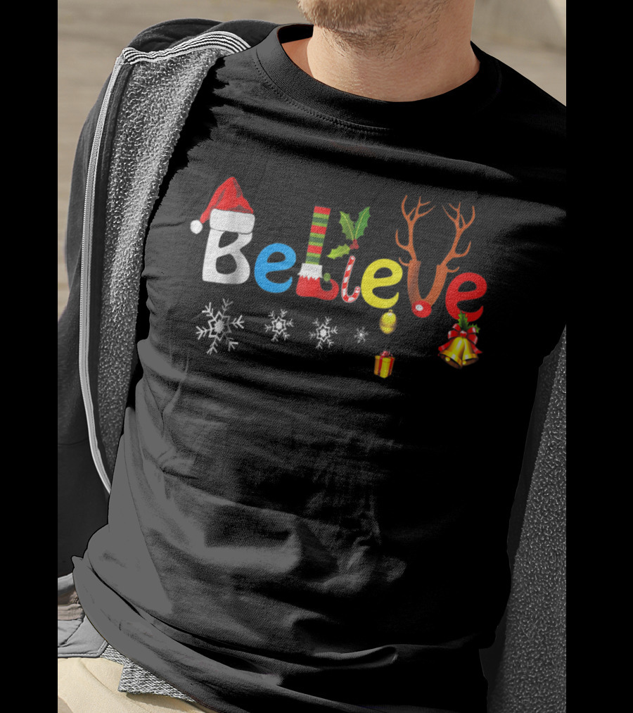 Believe In Santa Elf Reindeer Christmas Snowflakes And Bells T-Shirt