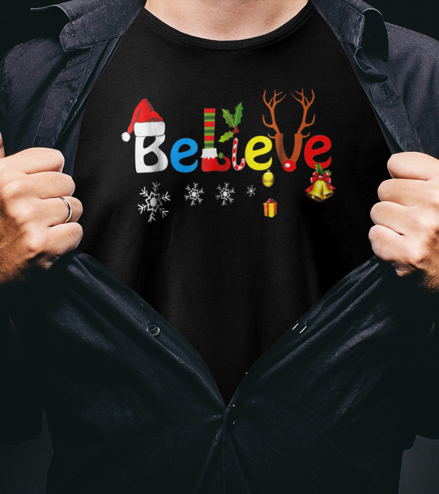 Believe In Santa Elf Reindeer Christmas Snowflakes And Bells T-Shirt