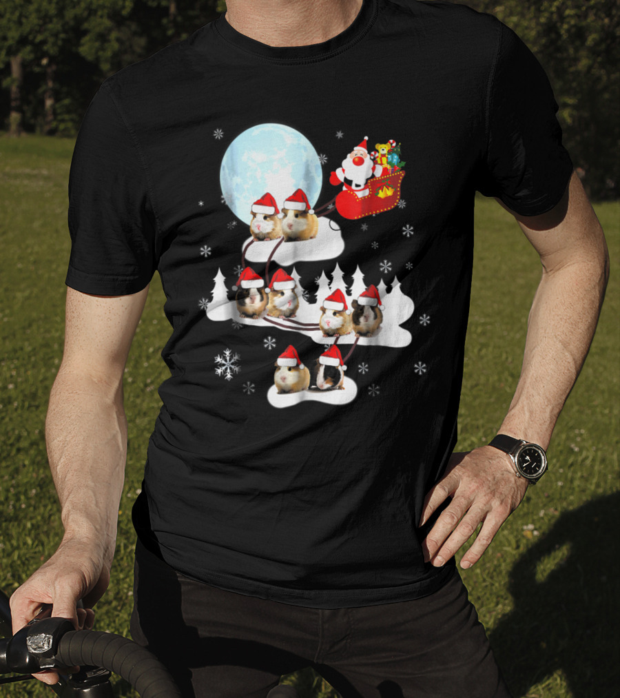 Santa Sleigh With Christmas Guinea Pigs And Snowflakes T-Shirt