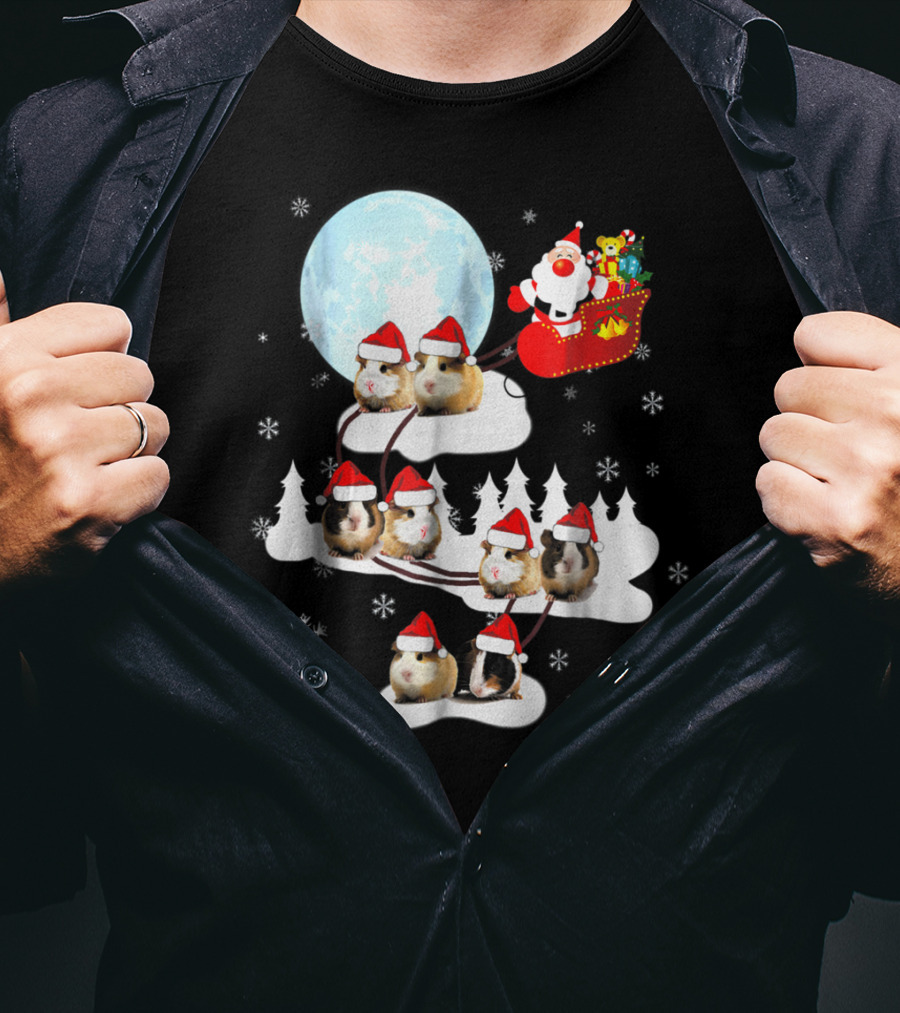 Santa Sleigh With Christmas Guinea Pigs And Snowflakes T-Shirt