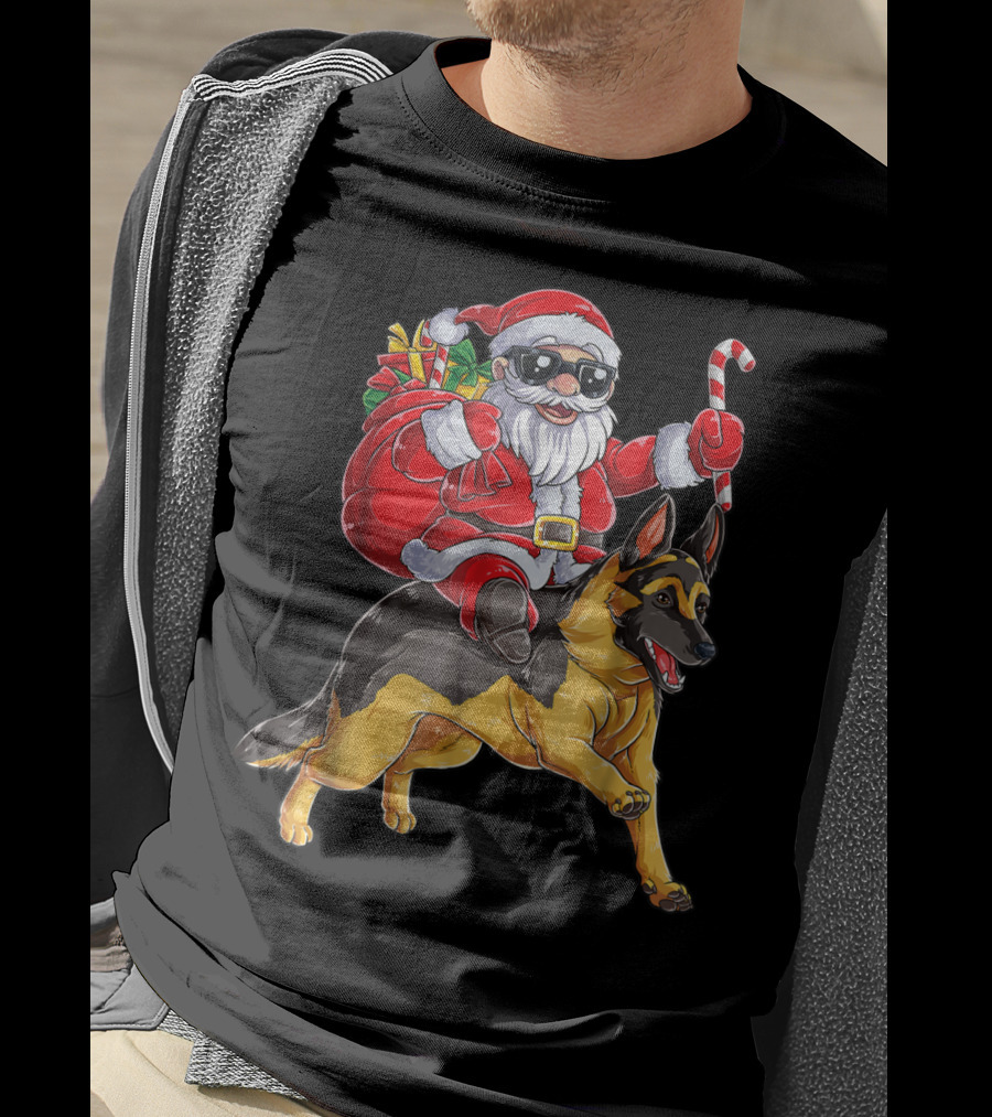 German Shepherd Christmas Santa Claus Riding With Candy Cane Woofmas T8 T-Shirt
