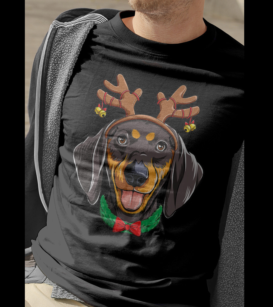 Dachshund With Christmas Reindeer Antlers And Festive Dog Bowtie T-Shirt