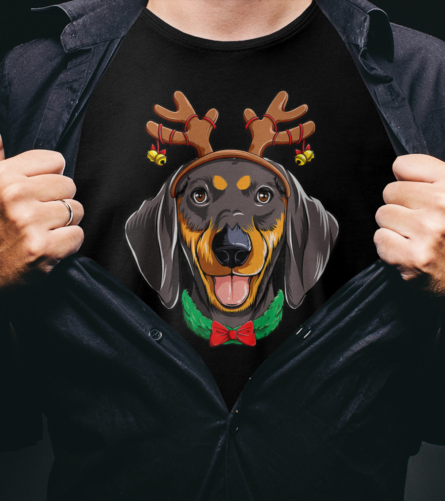 Dachshund With Christmas Reindeer Antlers And Festive Dog Bowtie T-Shirt