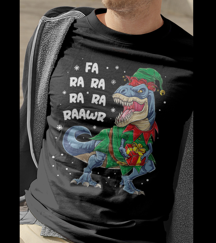 Fa Ra Ra Ra Rawr Dinosaur Christmas Rex Elf Holding Present T-Shirt