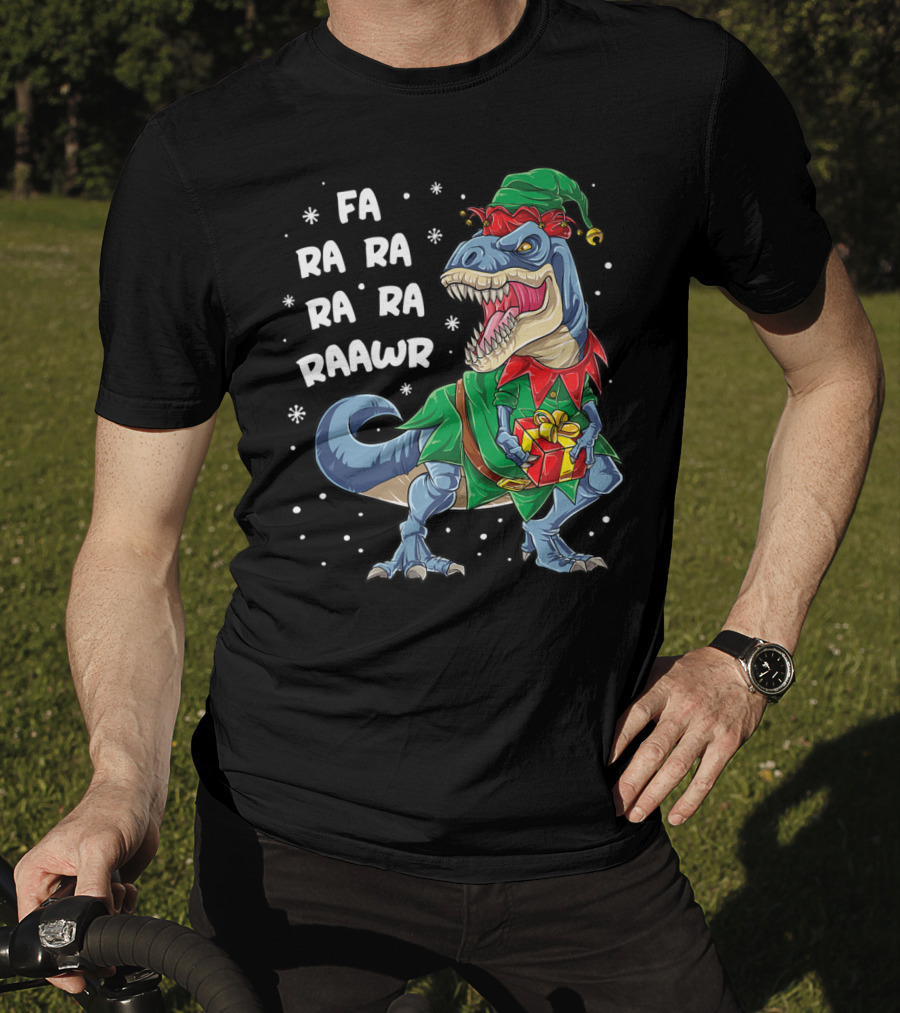 Fa Ra Ra Ra Rawr Dinosaur Christmas Rex Elf Holding Present T-Shirt