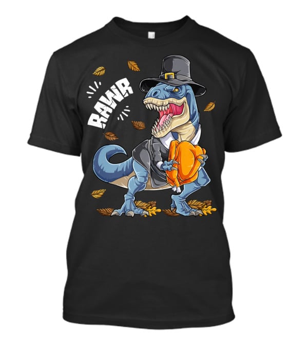 RAWR Dinosaur Thanksgiving Pilgrim T-Rex With Turkey Leaves T-Shirt