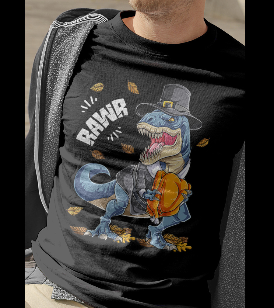 RAWR Dinosaur Thanksgiving Pilgrim T-Rex With Turkey Leaves T-Shirt