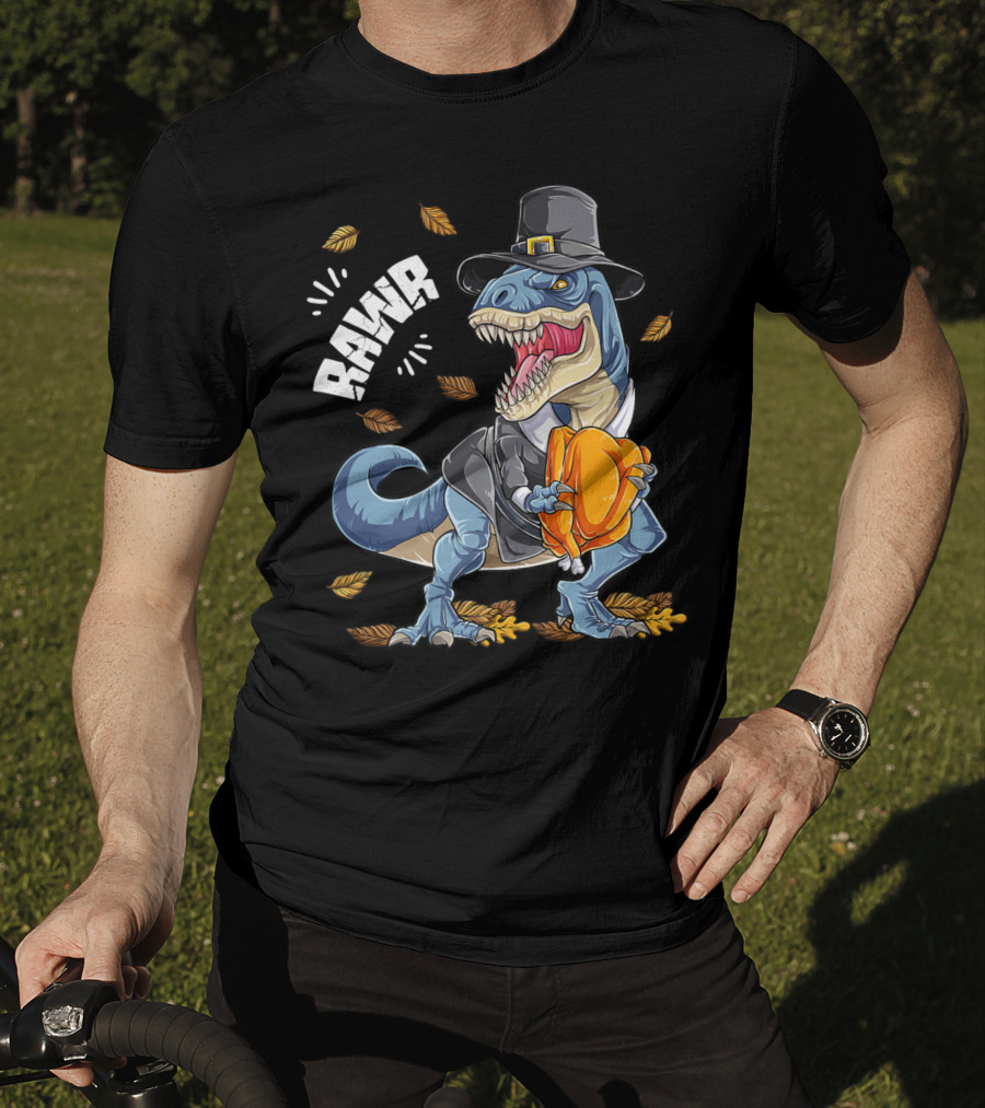 RAWR Dinosaur Thanksgiving Pilgrim T-Rex With Turkey Leaves T-Shirt