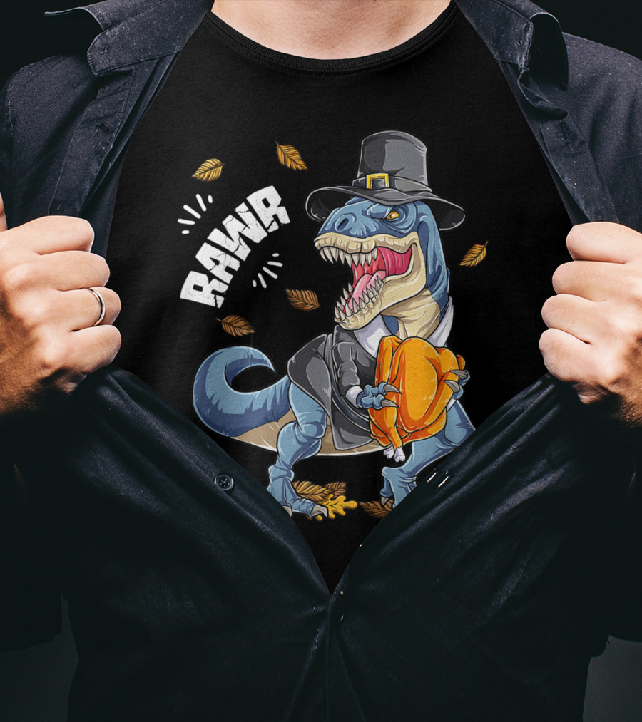 RAWR Dinosaur Thanksgiving Pilgrim T-Rex With Turkey Leaves T-Shirt