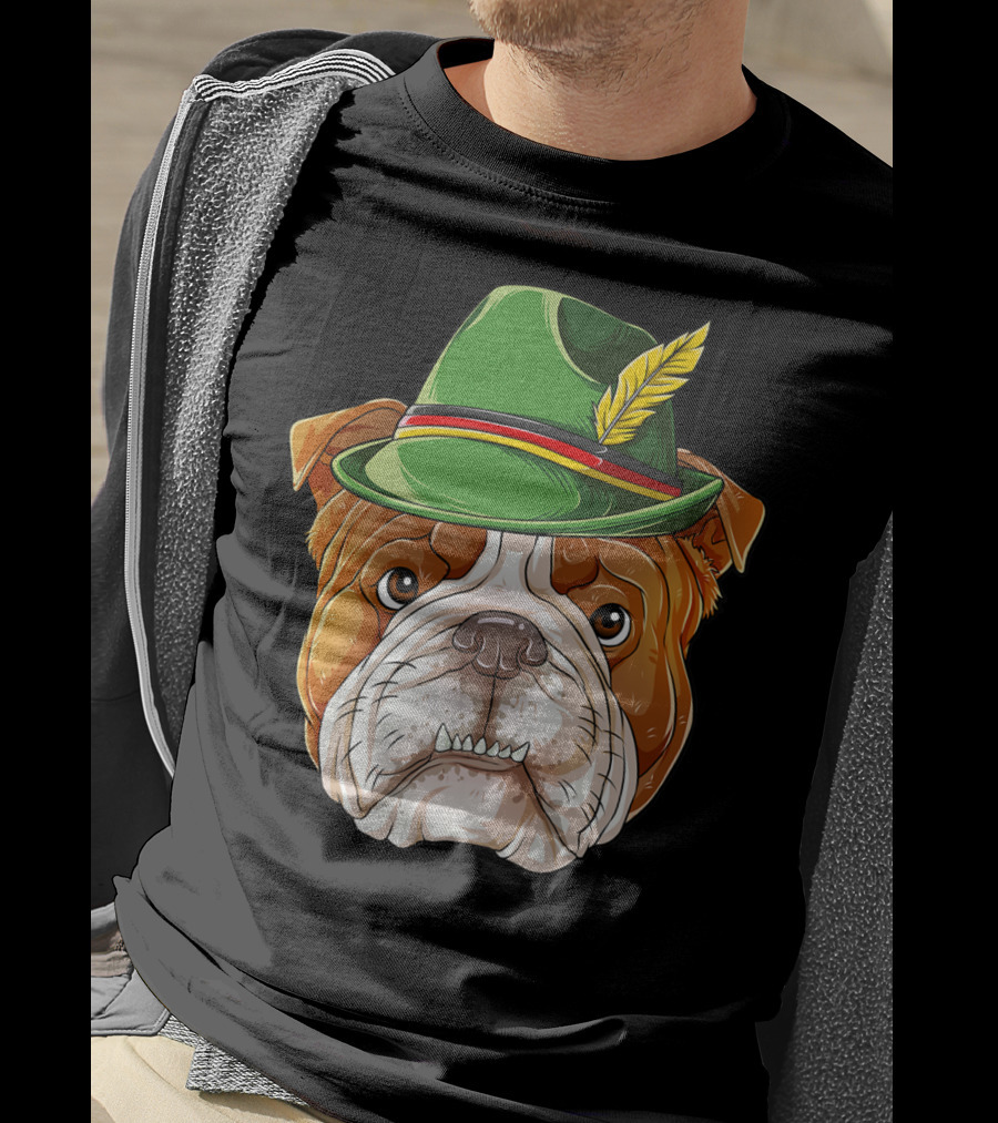 English Bulldog Oktoberfest Boys Lederhosen With Green Hat And Feather T-Shirt