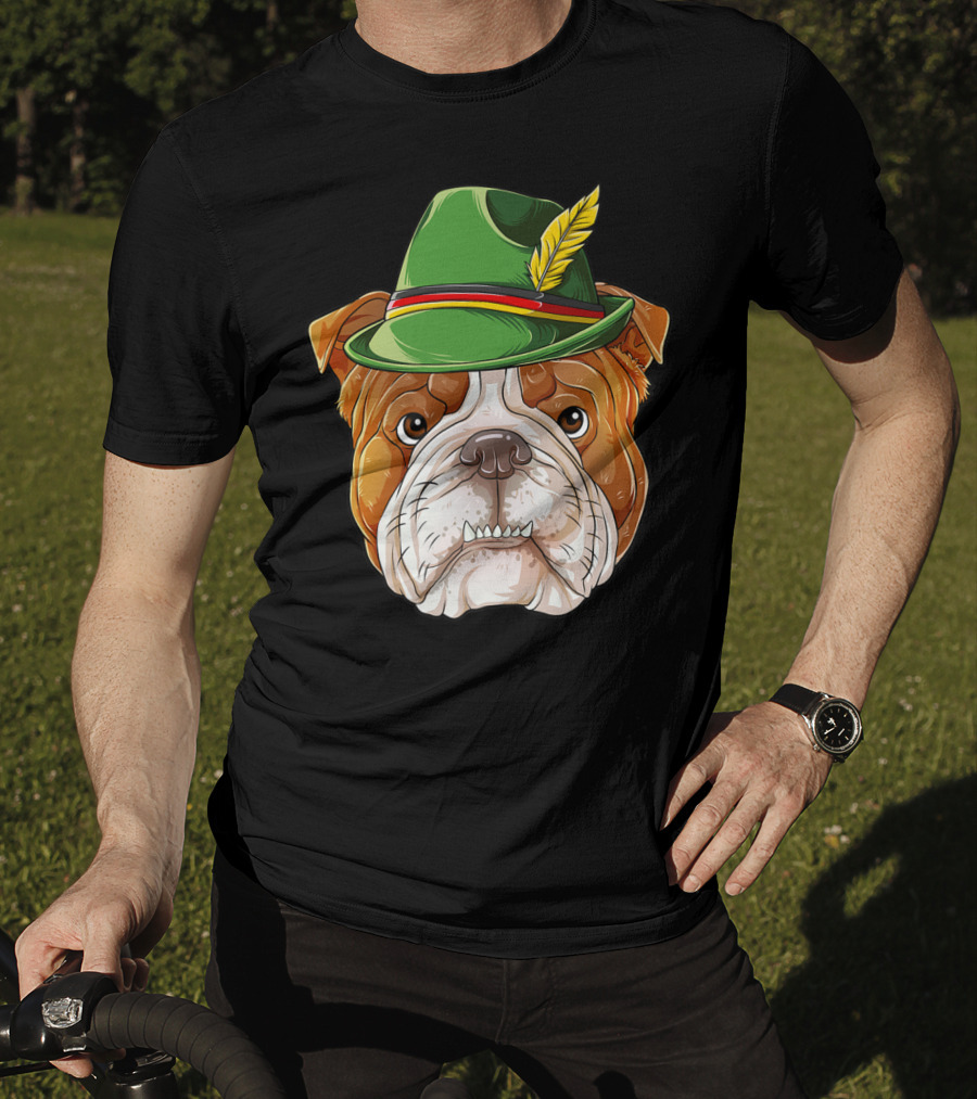 English Bulldog Oktoberfest Boys Lederhosen With Green Hat And Feather T-Shirt