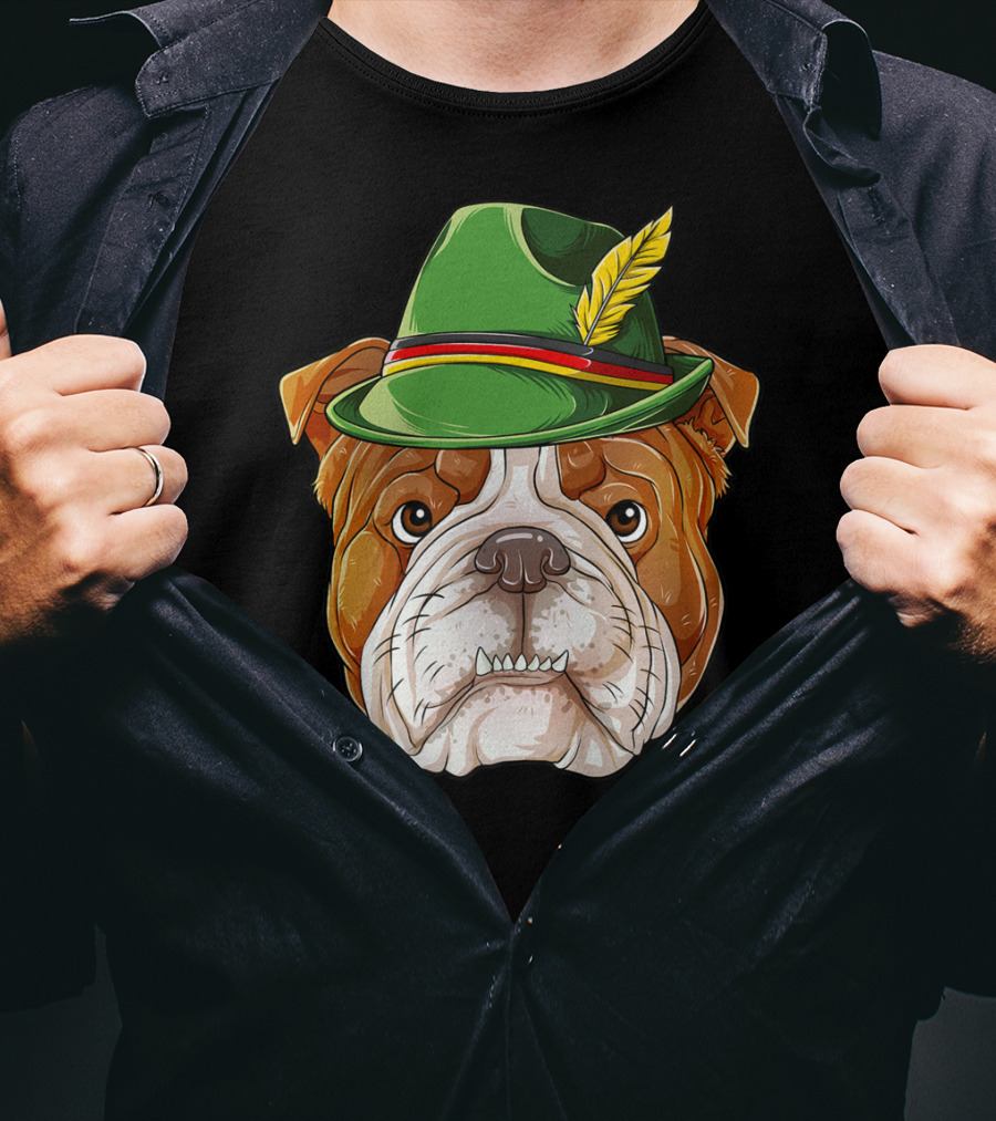 English Bulldog Oktoberfest Boys Lederhosen With Green Hat And Feather T-Shirt
