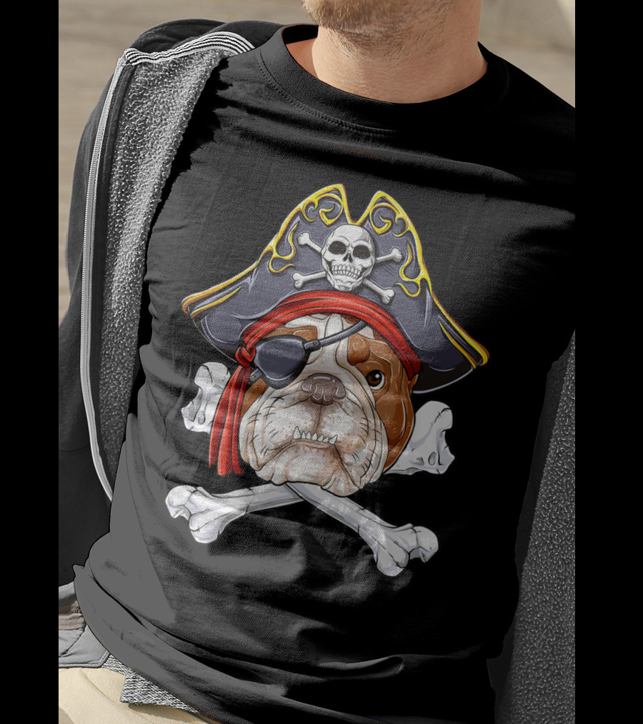 English Bulldog Wearing Pirate Hat With Jolly Roger Crossbones And Eyepatch T-Shirt