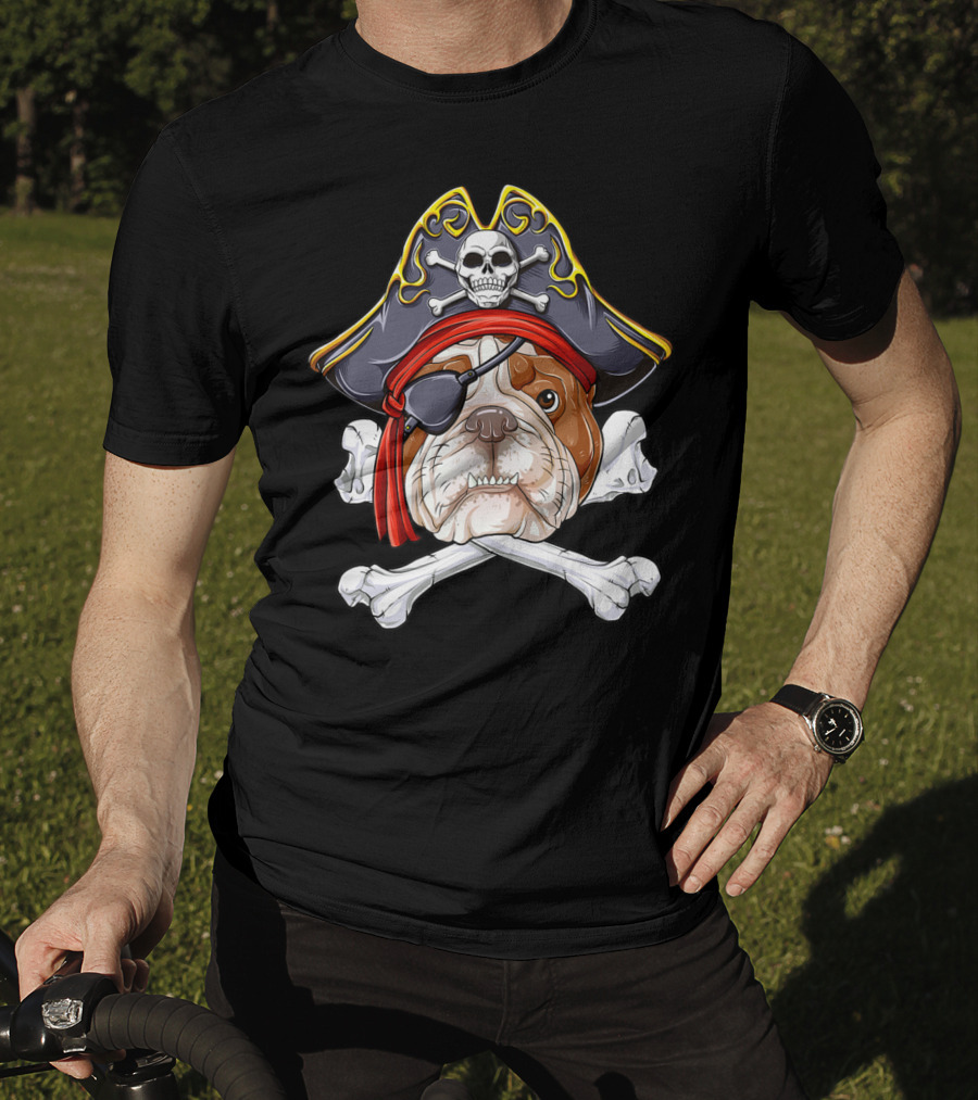 English Bulldog Wearing Pirate Hat With Jolly Roger Crossbones And Eyepatch T-Shirt