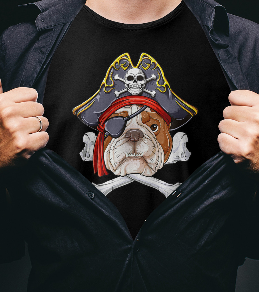 English Bulldog Wearing Pirate Hat With Jolly Roger Crossbones And Eyepatch T-Shirt