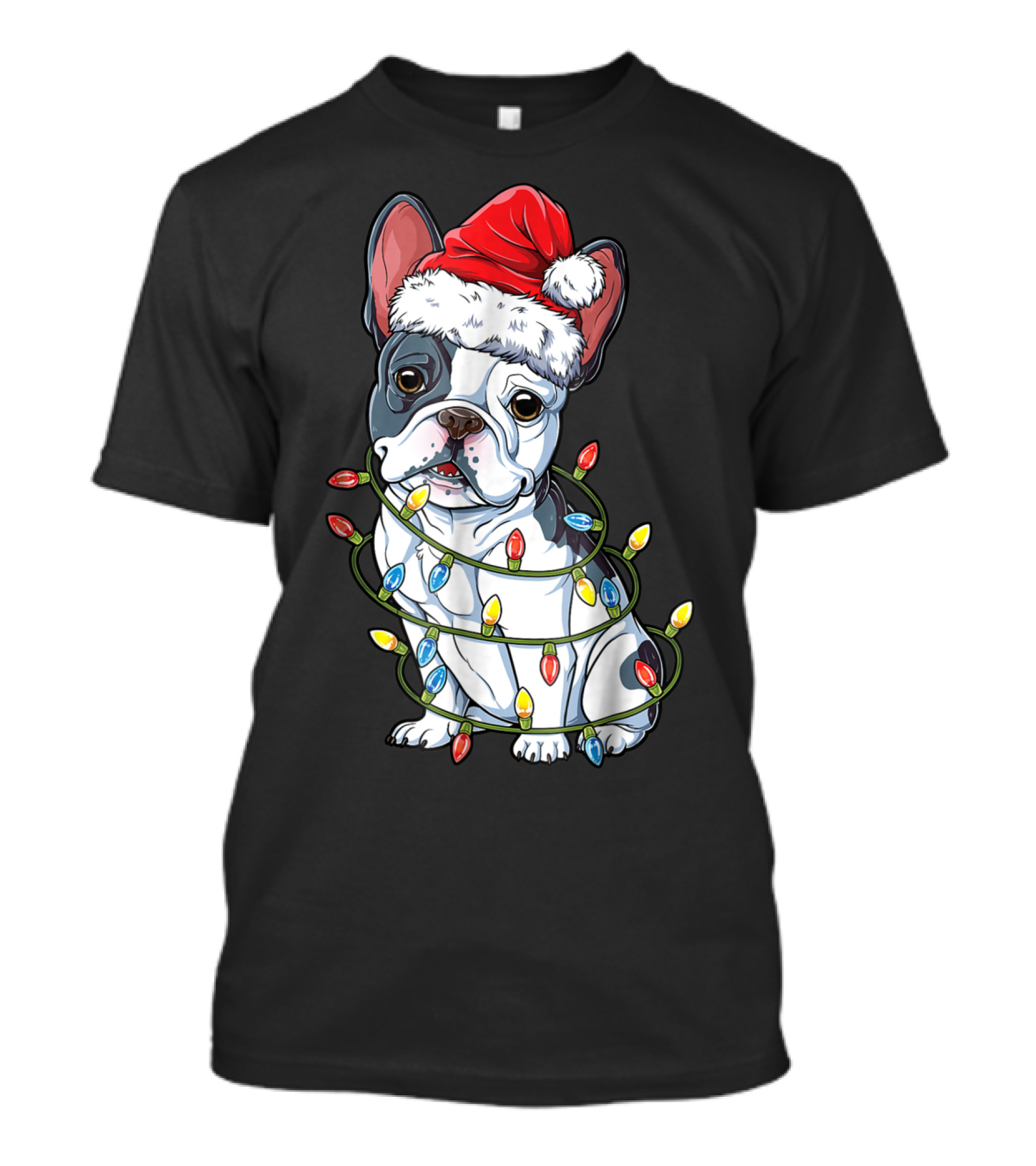 French Bulldog Christmas Santa Hat Wrapped In Xmas Lights T-Shirt