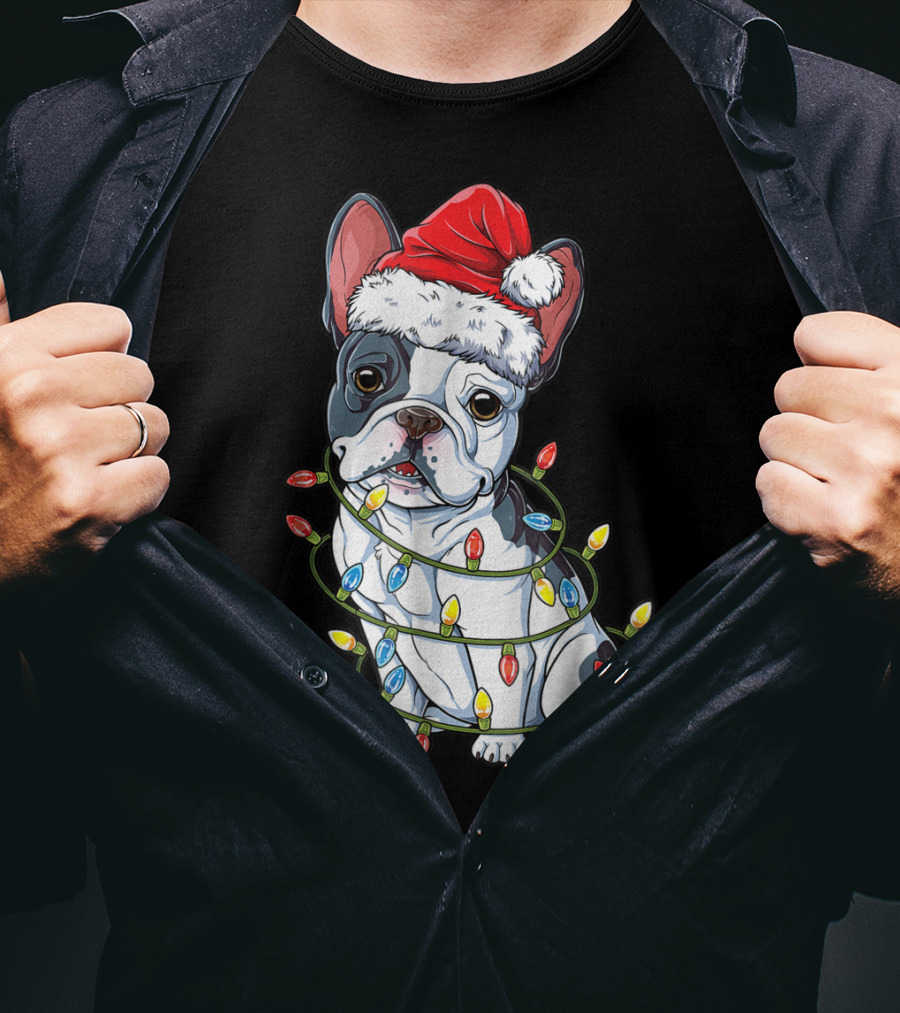 French Bulldog Christmas Santa Hat Wrapped In Xmas Lights T-Shirt