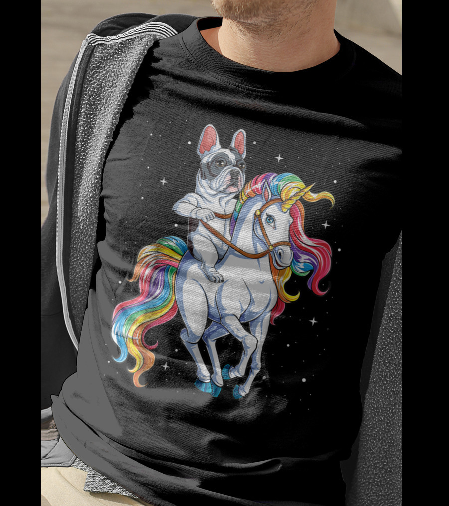 French Bulldog Riding Unicorn In Space Galaxy T-Shirt