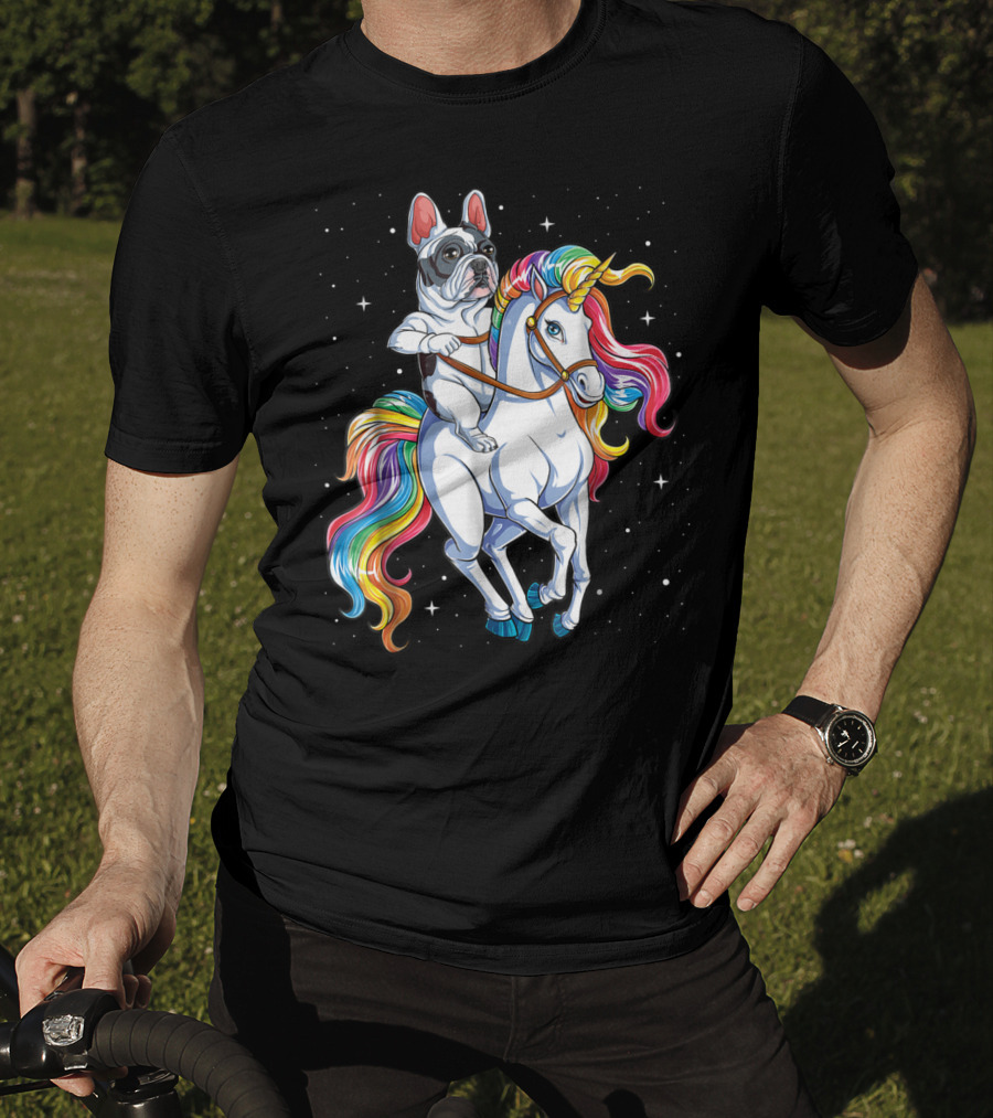 French Bulldog Riding Unicorn In Space Galaxy T-Shirt