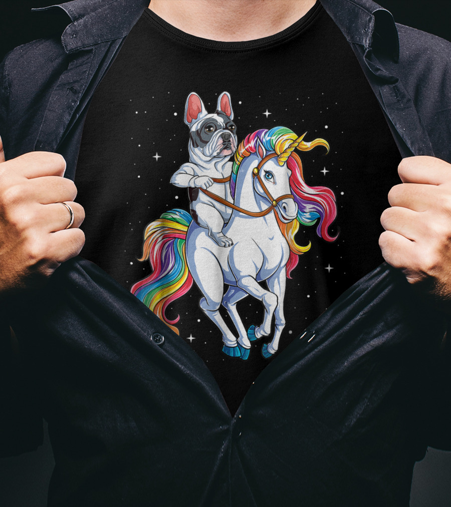 French Bulldog Riding Unicorn In Space Galaxy T-Shirt