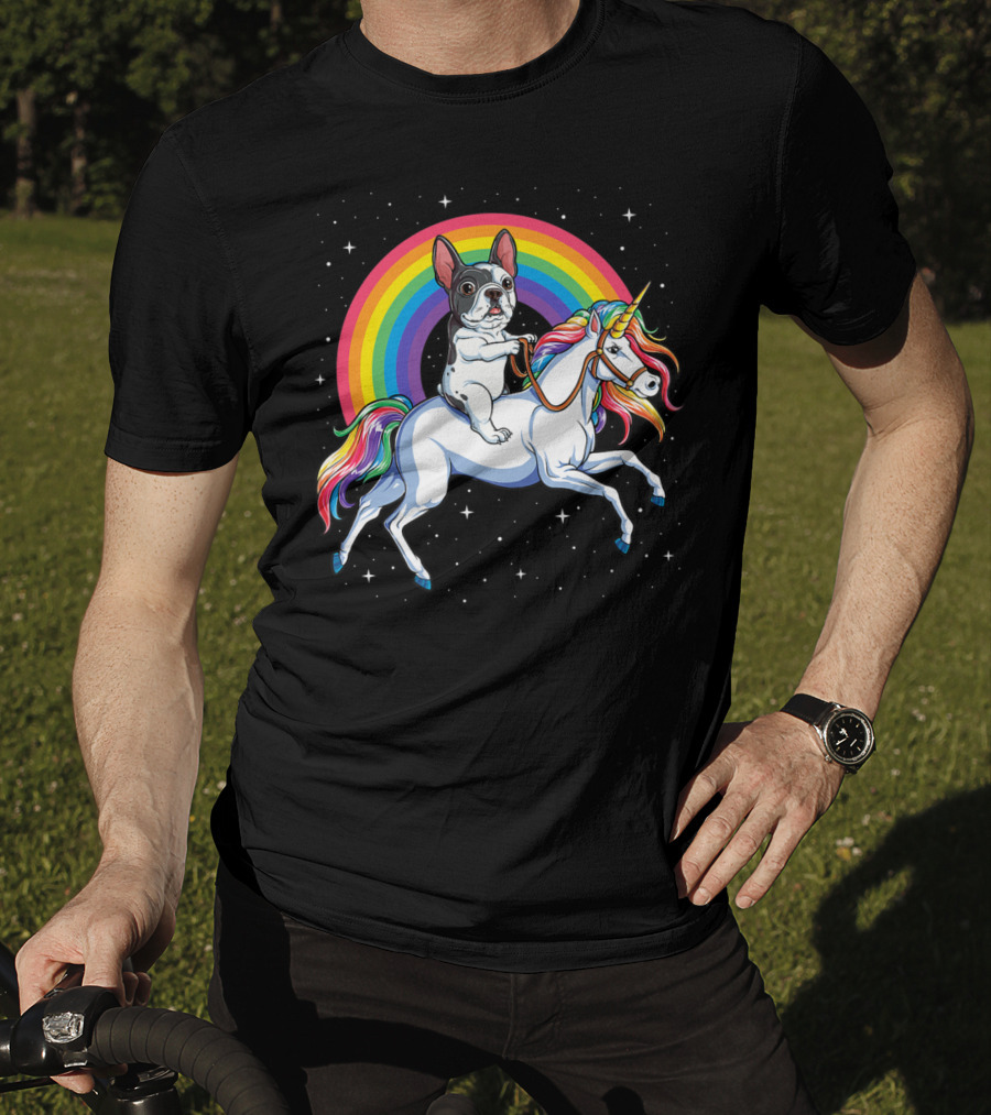 French Bulldog Riding Unicorn Rainbow Space Galaxy T-Shirt