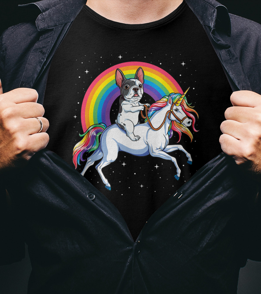 French Bulldog Riding Unicorn Rainbow Space Galaxy T-Shirt