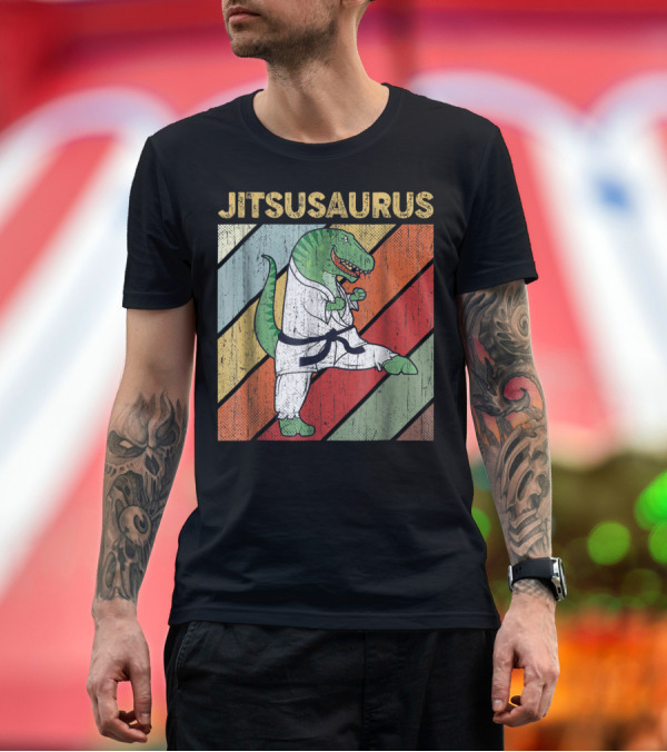 Premium T-Shirt: Jitsusaurus Dinosaur in Martial Arts Gi with Vintage Stripes T-Shirt Jitsusaurus Dinosaur in Martial Arts Gi with Vintage Stripes T-Shirt