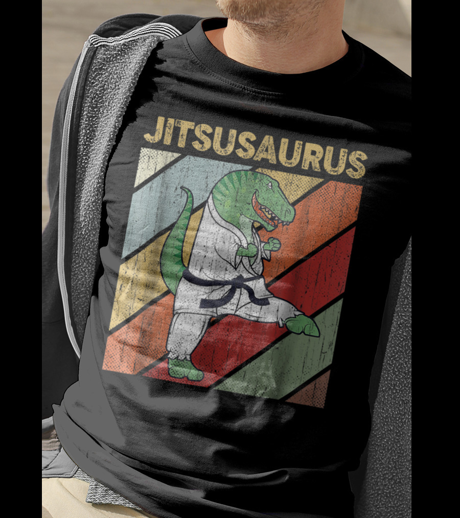 Jitsusaurus Dinosaur In Martial Arts Gi With Vintage Stripes T-Shirt