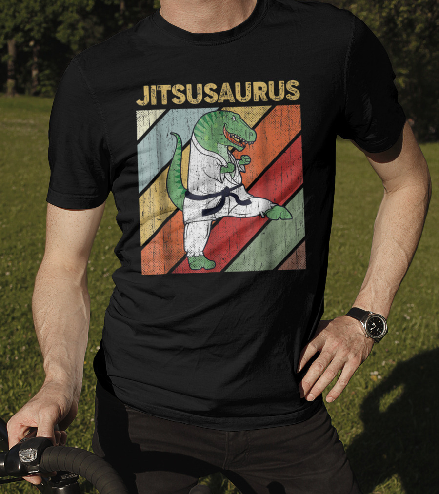 Jitsusaurus Dinosaur In Martial Arts Gi With Vintage Stripes T-Shirt