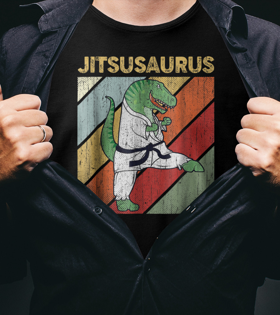 Jitsusaurus Dinosaur In Martial Arts Gi With Vintage Stripes T-Shirt